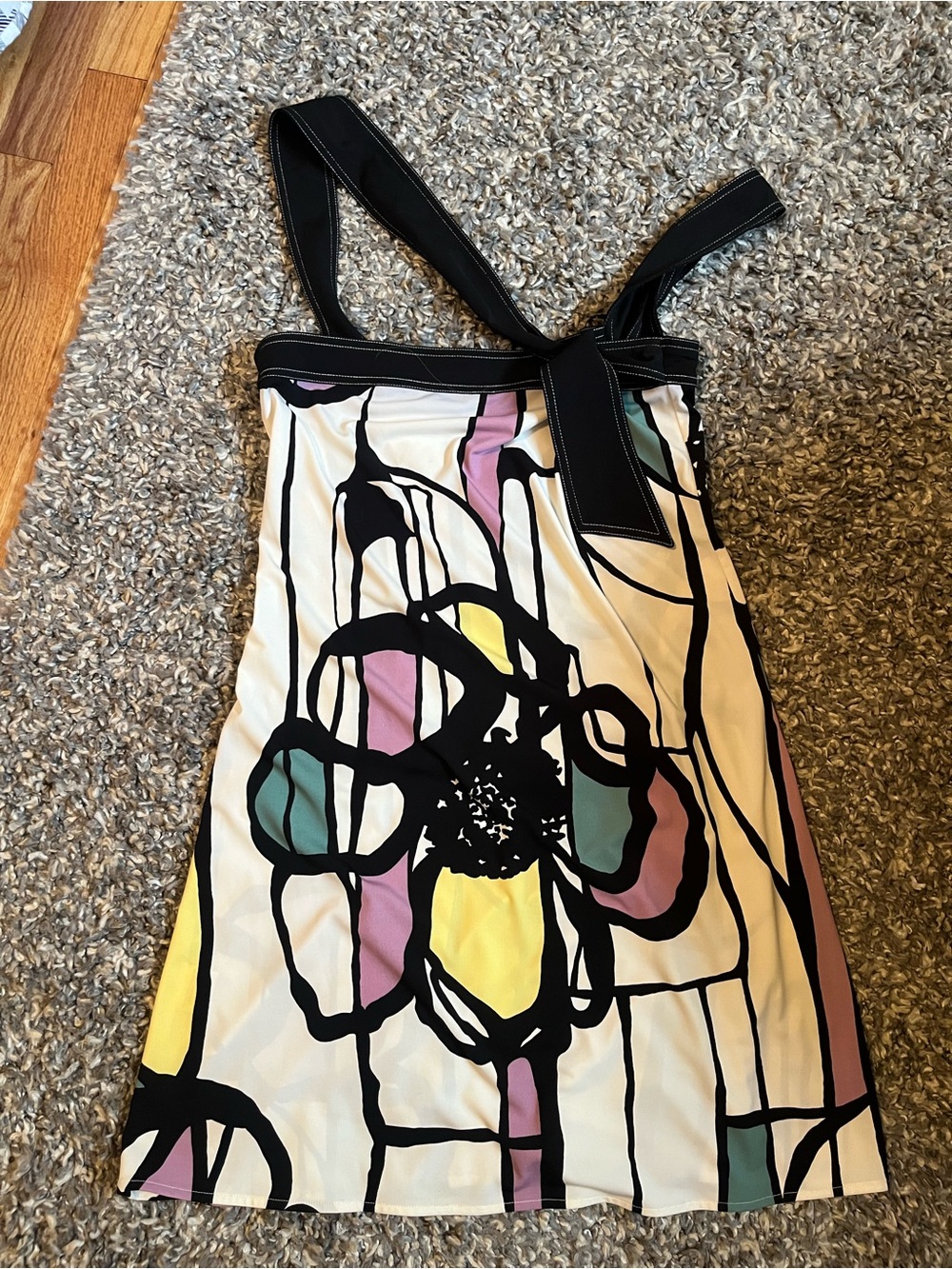 Black-Trim Floral Graphic Sundress with Pastel Accents